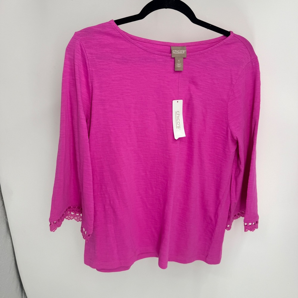 Chicos Pink‎ Daisy Lacy Trim Ruffle Sleeve Tee NWT Boat Neck Top 1 Elle Woods